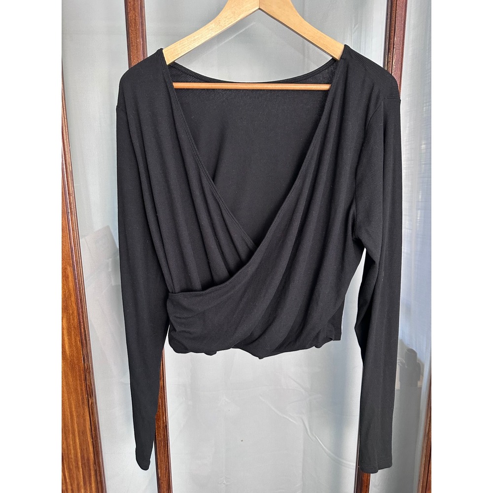 Old Navy Womens Ribbed Wrap Front Surplice Long Sleeve Top Black XL Athleisure - Picture 1 of 5